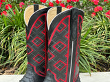 Mens Black Matte Python Leather Boots With Red Embroidery On Shaft