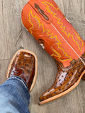 Men’s Cedar Ostrich Leather Boots With Orange / Rooster Shaft