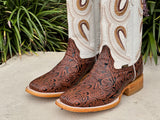Mens Cognac Hand-Tooled Leather Boots With White Shaft