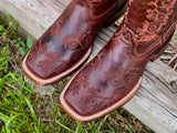 Women’s Wine Leather Boots With Floral Embroidery