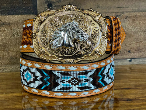 Hand-Tooled Artesanal Tabs With Black, White and Light Blue Beaded Leather Belt ( Read Description Before Ordering)