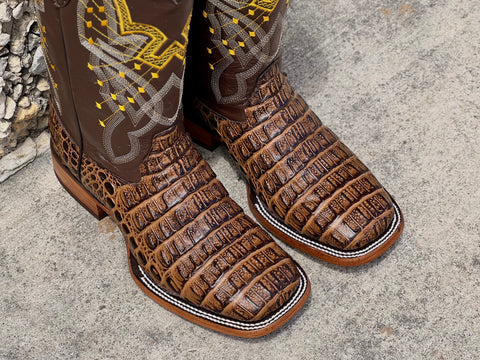 Men’s Honey Crocodile Horn-Back Leather Boots With Brown Shaft