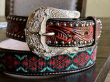 Black & Cognac Hand-Tooled Artesanal Tabs With Silver Studs Red & Black Beaded Leather Belt