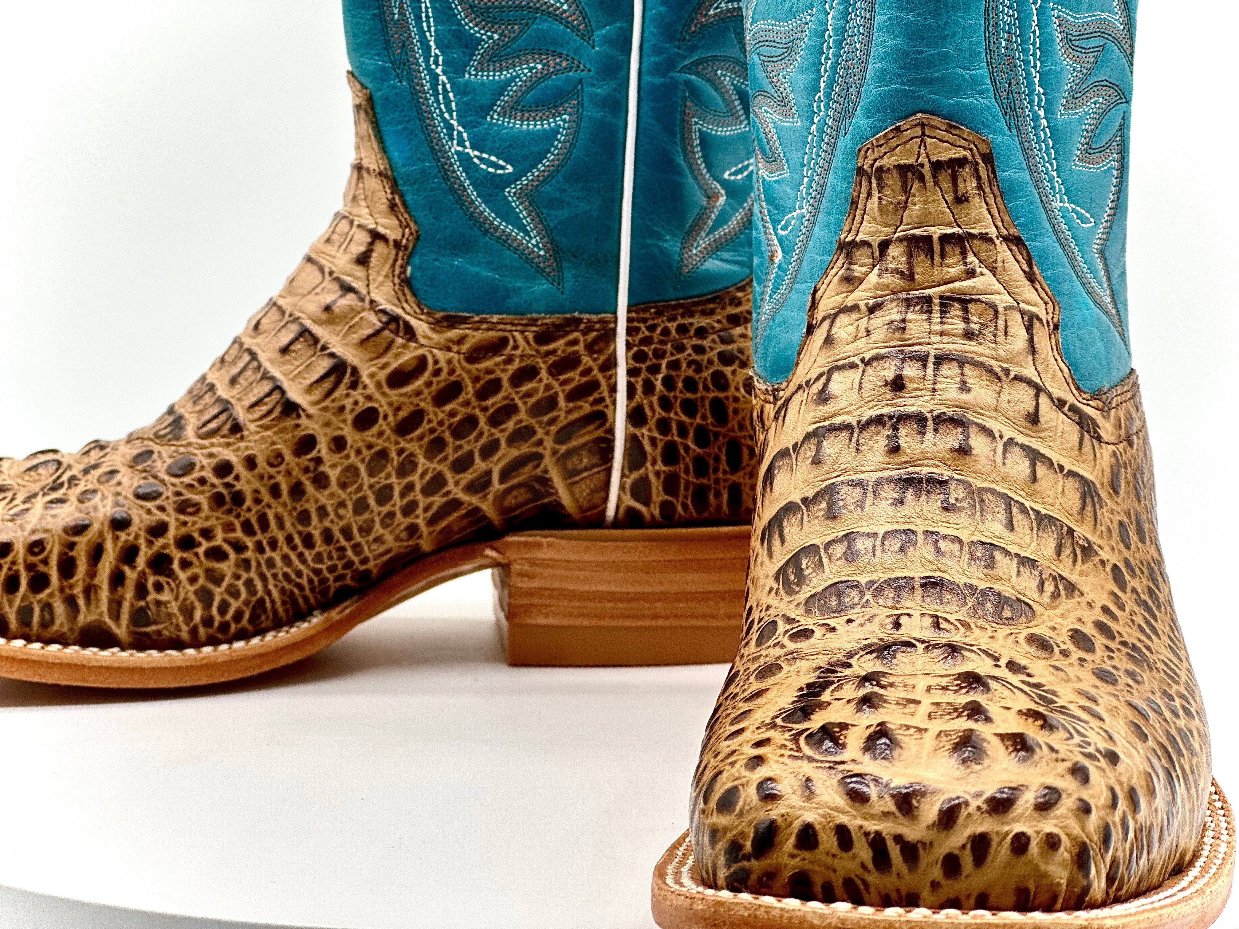 Men's Caramel Crocodile Leather Boots With ￼ Turquoise Shaft