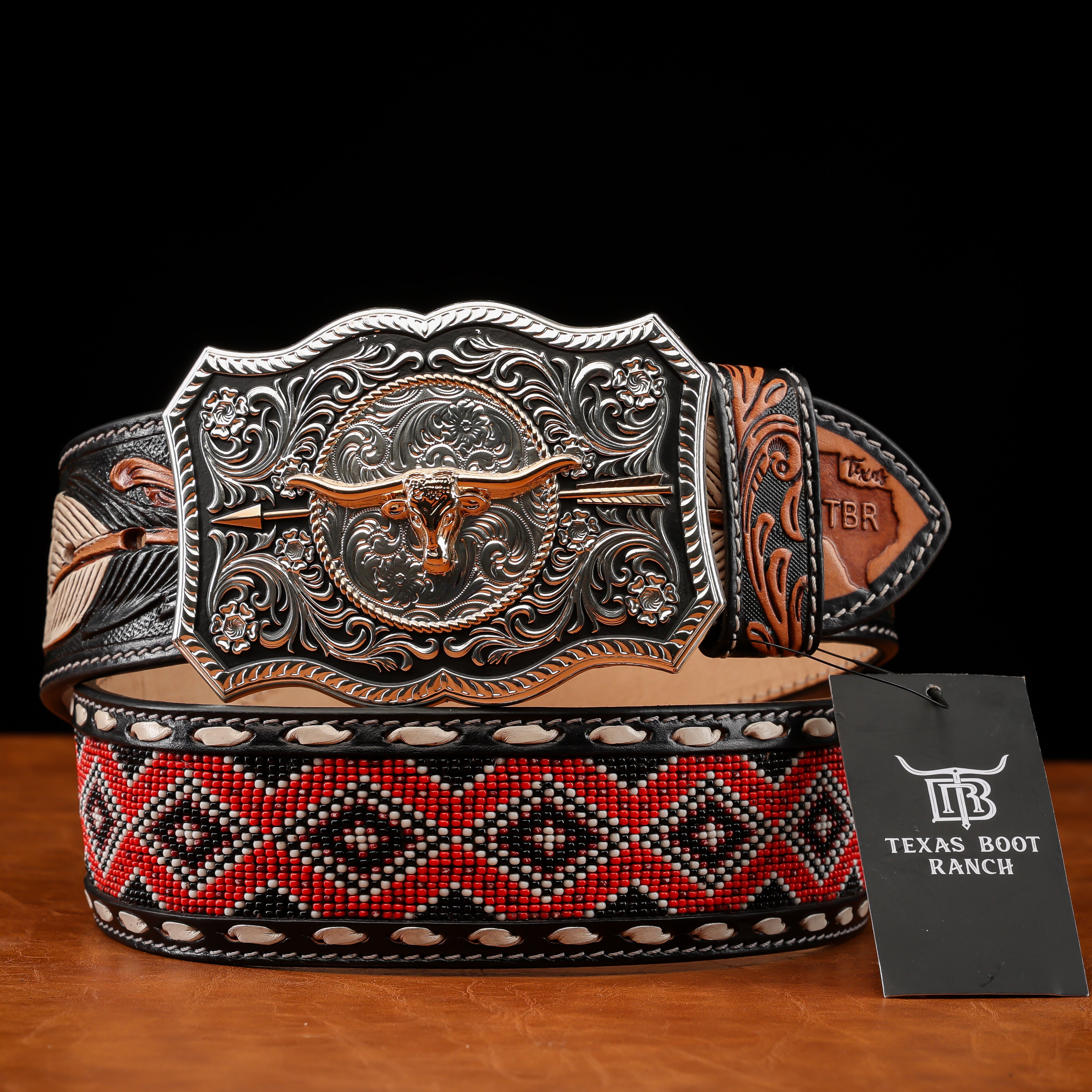 2 Inch Hand-Tooled Artesanal Beaded Leather Belt – Texas Boot Ranch