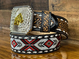Hand-Tooled Artesanal Tabs With Red and White Beaded Leather Belt ( Read Description Before Ordering)
