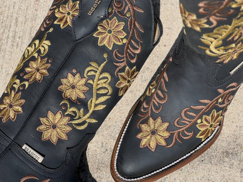 Women’s Black Leather Boots With Brown and Gold Floral Embroidery