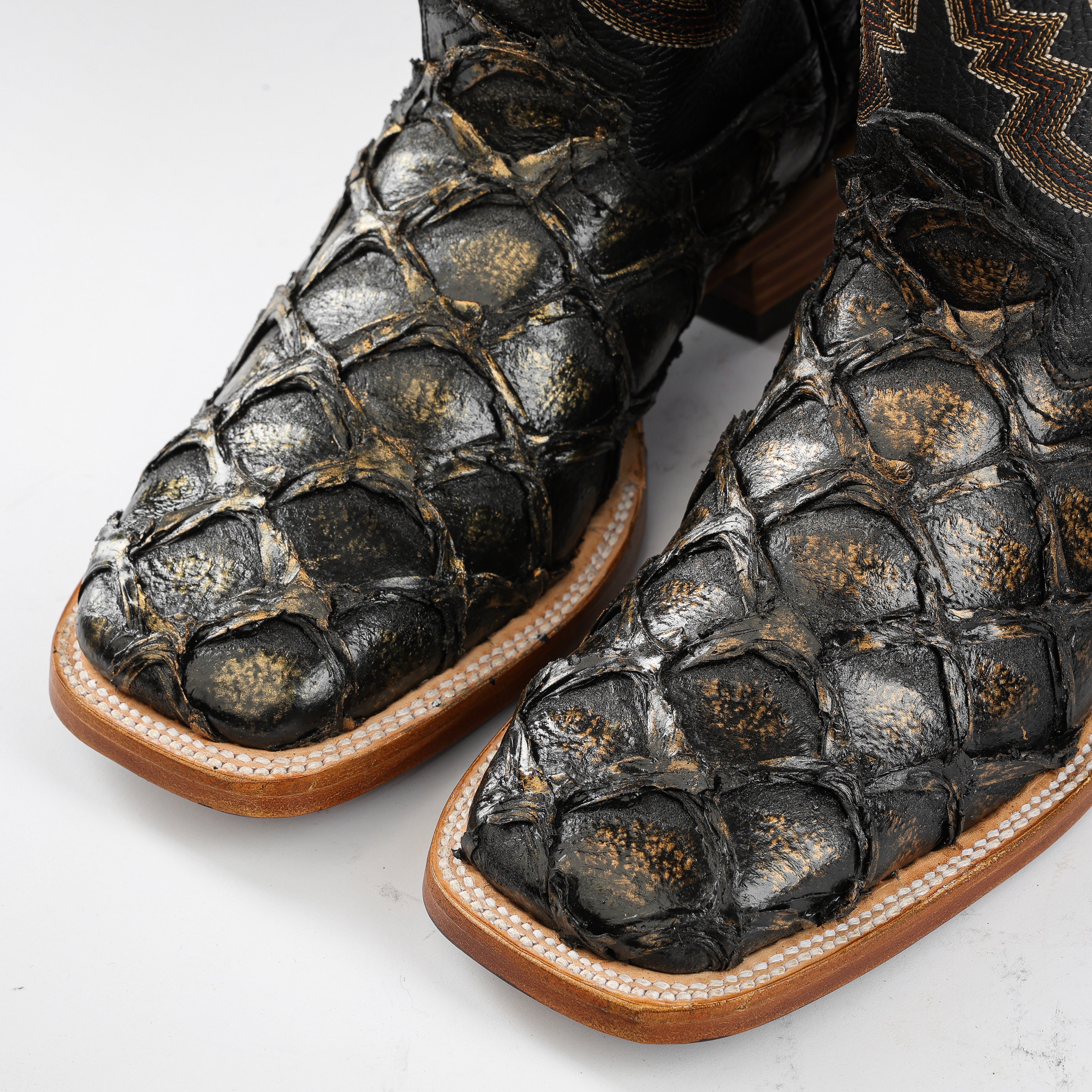 Black/Gold Jumbo Pirarucu Leather Boots - Square Toe – Texas Boot