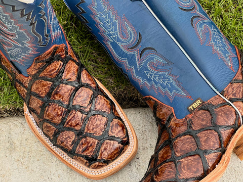 Men’s Cognac Pirarucu Leather Boots With Blue Shaft