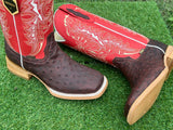 Men’s Dark Brown Ostrich Leather Boots With Red Shaft