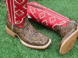 Men’s Honey Hand-tooled Leather Boots With Red Shaft