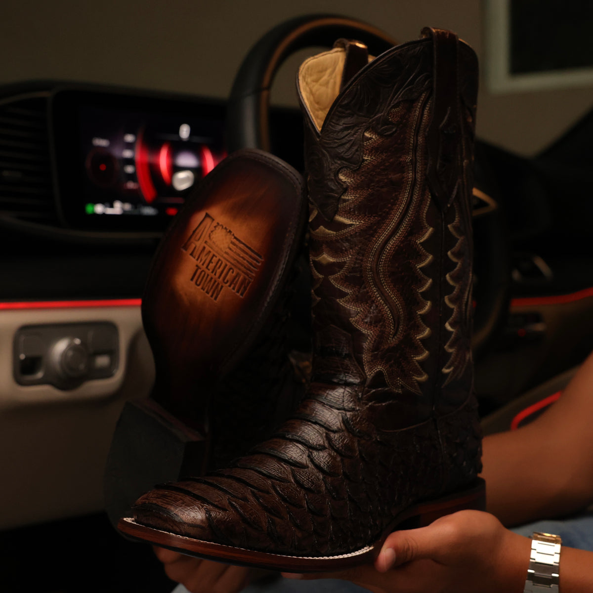 Chocolate Brown Jumbo Python Leather Boots - Square Toe – Texas Boot Ranch