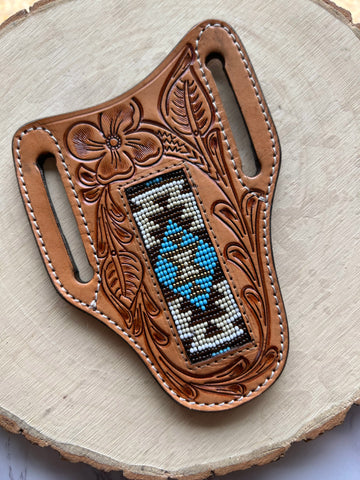 Honey Hand-Tooled With White, Brown and Turquoise Beaded Knife Sheath