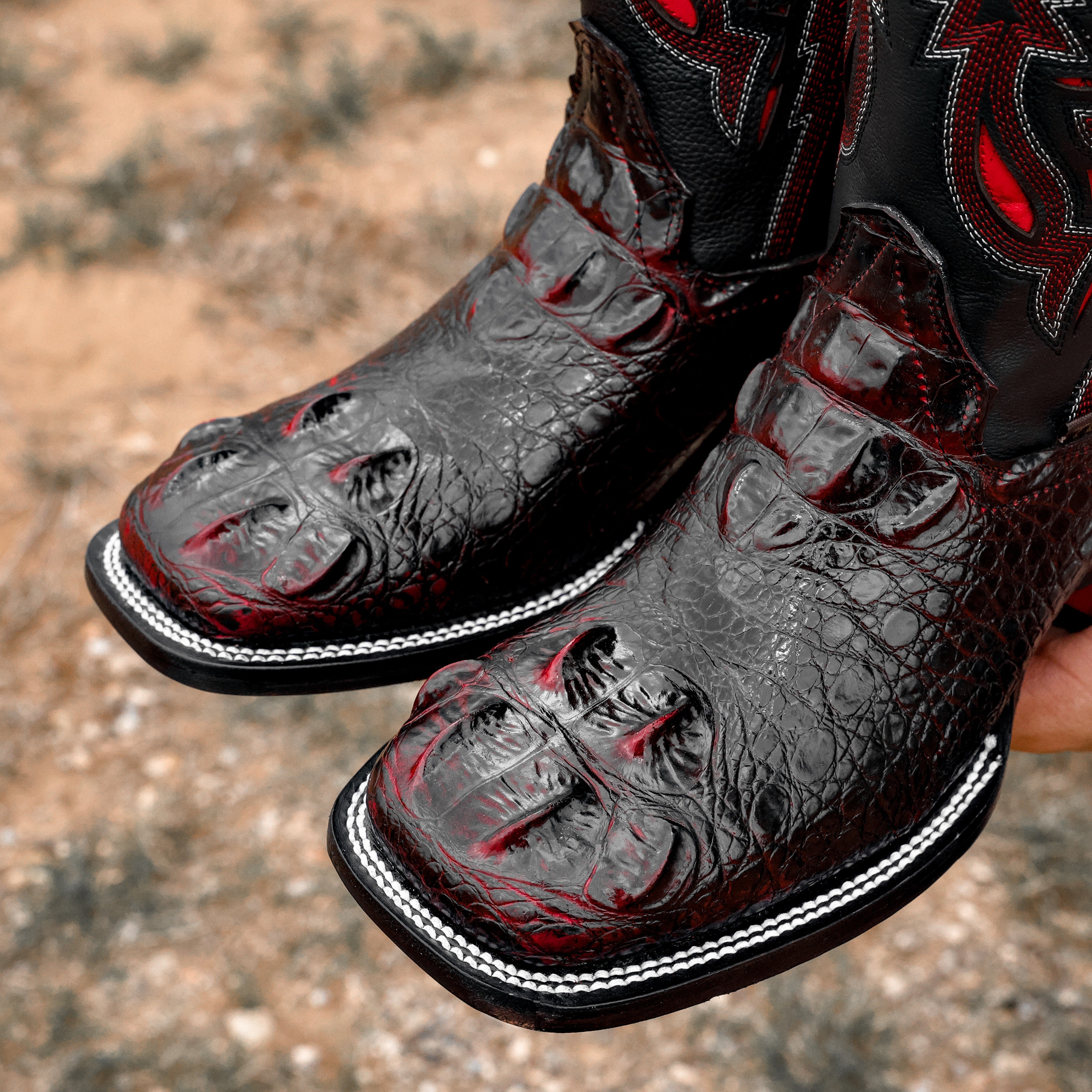 Black Cherry Caiman Neck Leather Boots - Square Toe – Texas Boot Ranch
