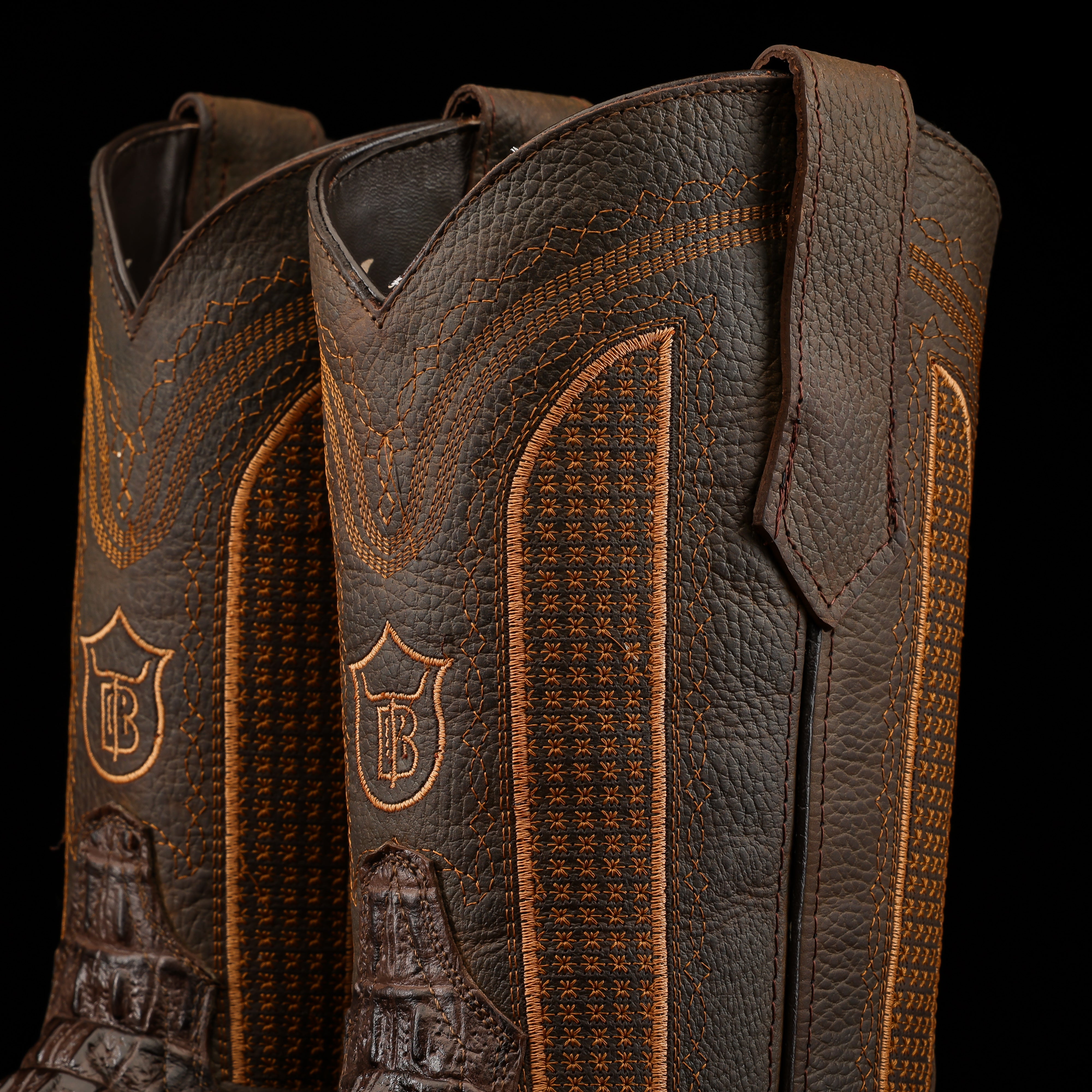 Brown Caiman Neck Leather Boots With 3D Lightweight Sole