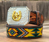 Hand-Tooled Artesanal Tabs With  Yellow and Green  Beaded Leather Belt