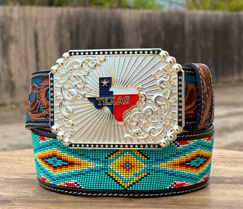 Hand-Tooled Artesanal Tabs With Mint Green and Yellow Beaded Leather Belt ( Read ￼Description Before Ordering )