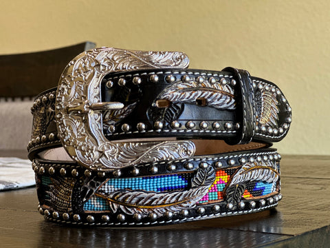 Black Hand-Tooled Artesanal With Silver Studs Feather Tooled With Blue Beaded Leather Belt