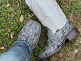Men’s Grey Hand-tooled Leather Boots With White Shaft