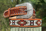 Cognac Hand-Tooled Artesanal Tabs With Silver Studs. Black, white, wine and gold Beaded Leather Belt.
