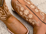 Women’s Honey Leather Boots With Beige Floral Shaft