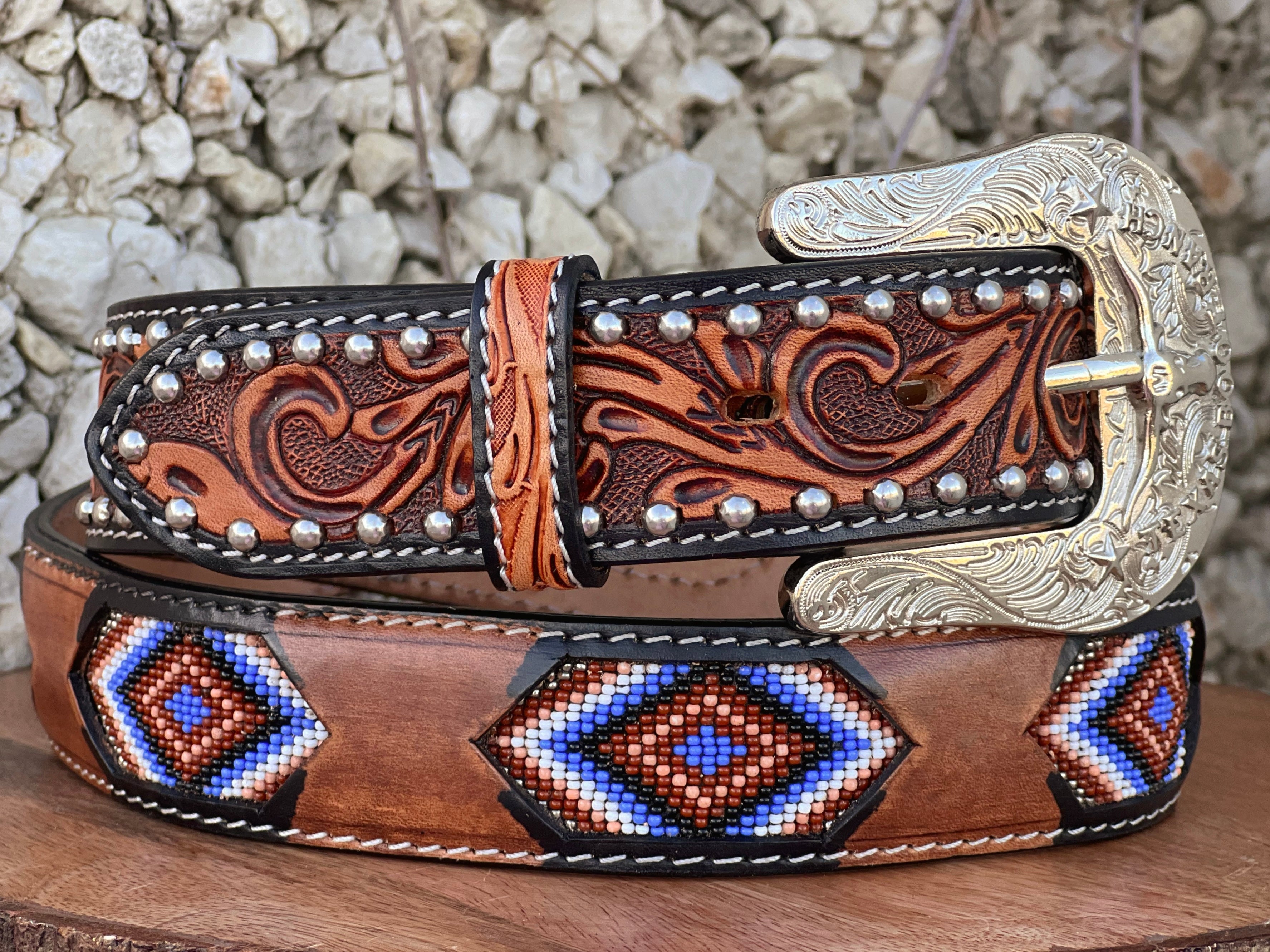 Honey Hand-Tooled Leather Artesanal Tabs With Silver Studs Brown