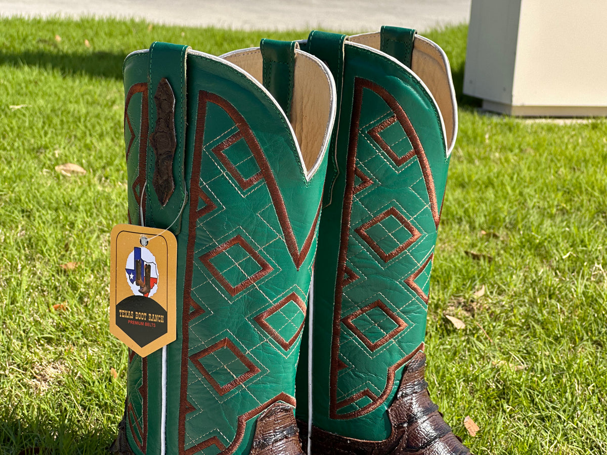 Mens Brown Python Leather Boots With Green Shaft – Texas Boot Ranch