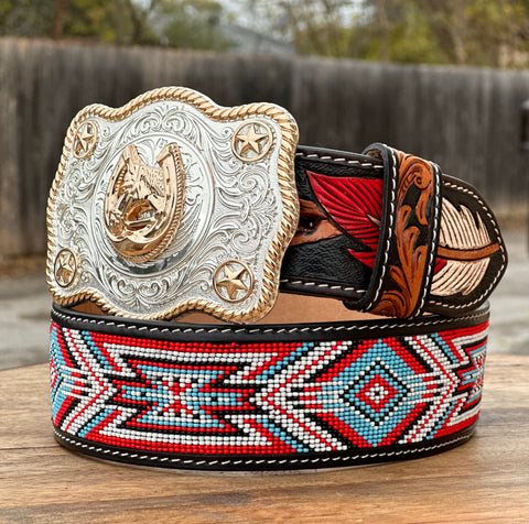 Hand-Tooled Artesanal Tabs With Red and Multicolor Beaded Leather Belt