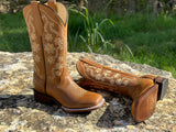 Women’s Honey Leather Boots With Floral Embroidery