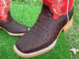 Men’s Dark Brown Ostrich Leather Boots With Red Shaft