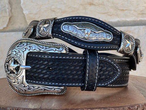 Men’s Black Leather Belt With Longhorn Concho