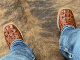 Men’s Cognac Crocodile Leather Boots With Blue Shaft
