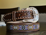 Brown Hand-Tooled Artesanal Tabs With Silver Studs Brown Tan Beaded Leather Belt