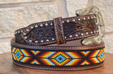 Brown Hand-Tooled Leather Artesanal Tabs With Silver Studs Brown & Yellow Beaded Belt