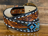 Hand-Tooled Artesanal Tabs With Blue and Gold Beaded Leather Belt ( Read Description Before Ordering)