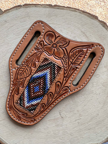 Honey Hand-Tooled With Brown and Purple Beaded Knife Sheath