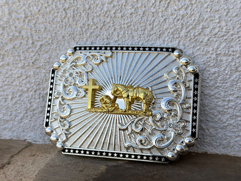 Silver Plated Buckle With Gold Praying Cowboy