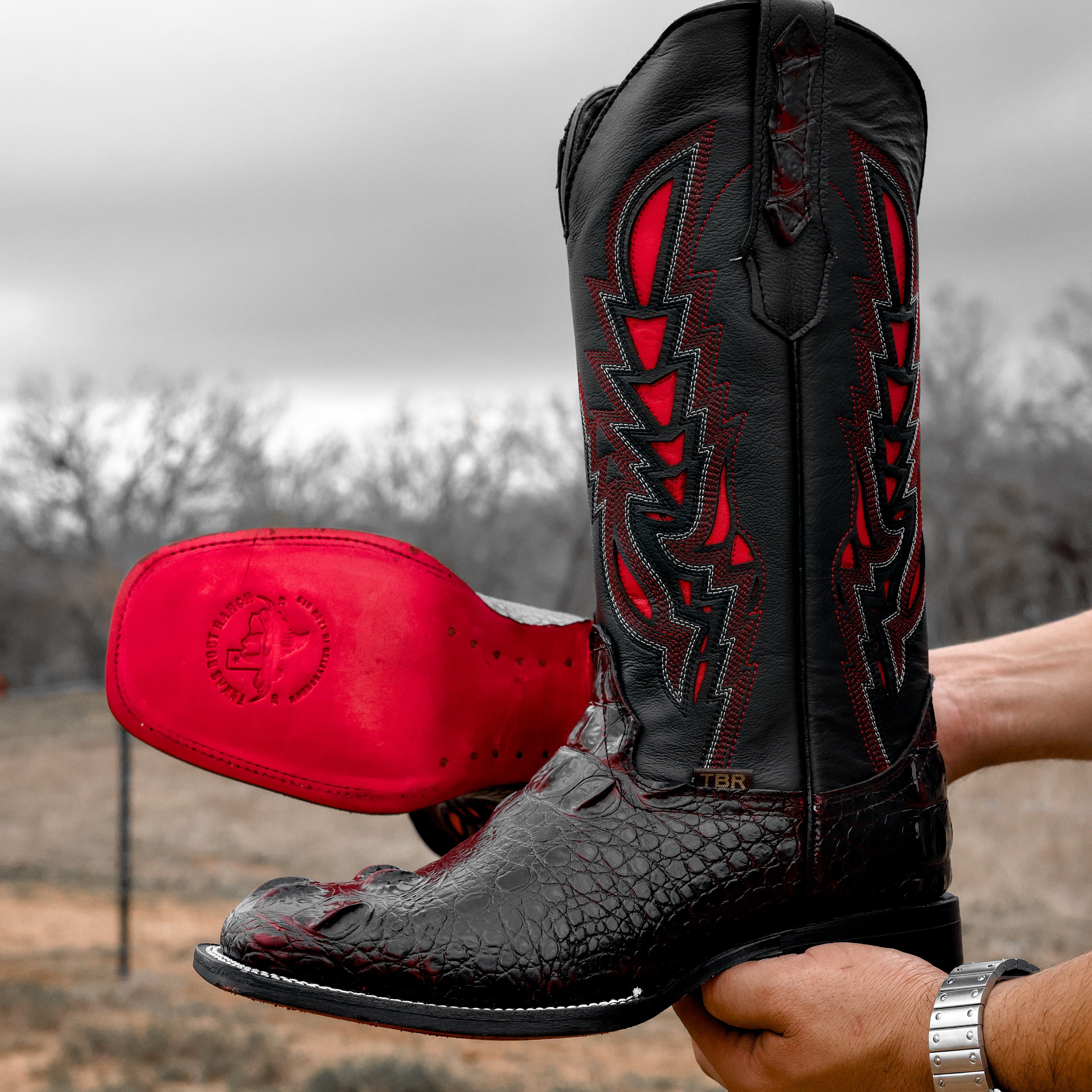 Black Cherry Caiman Neck Leather Boots - Square Toe – Texas Boot Ranch