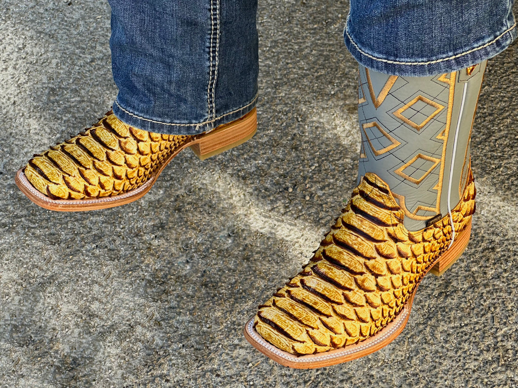 Mens Butter Python Leather Boots With Grey Shaft β Texas Boot Ranch