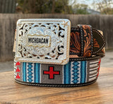 Hand-Tooled Artesanal Tabs With Blue And Red Cross Beaded Leather Belt ( Read Description Before Ordering)