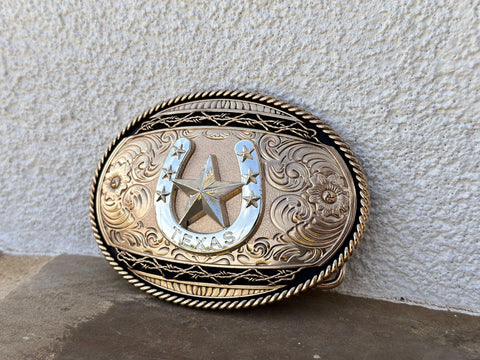 Black and Gold Plated Buckle With Horse-Shoe and Texas Star