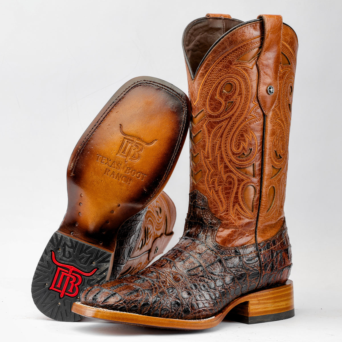 Cognac Caiman Neck Leather Boots - Square Toe – Texas Boot Ranch