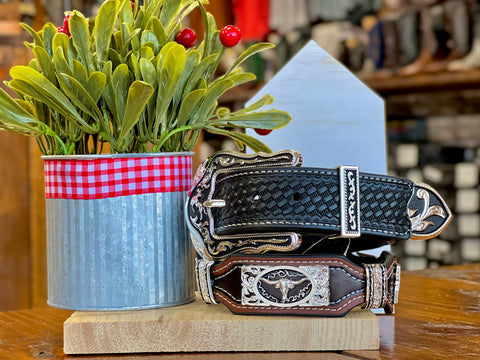 Men’s Black and Brown Leather Belt With Longhorn Concho