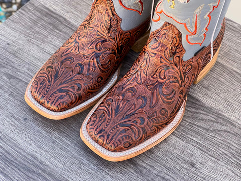 Men’s Cognac Hand-Tooled Leather Boots With Grey/ Roostee Shaft