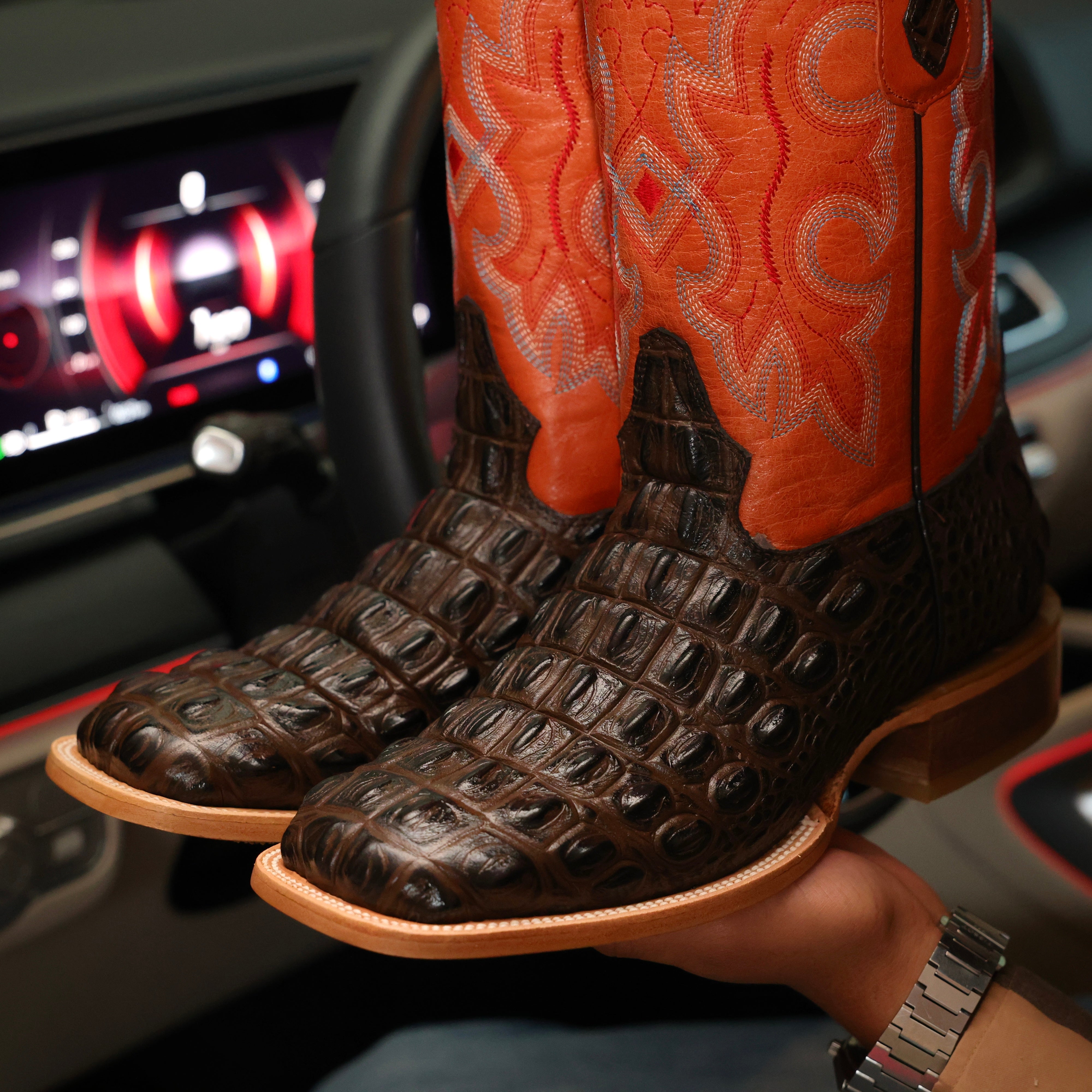 Chocolate Brown Caimán Back Leather Boots — Square Toe – Texas