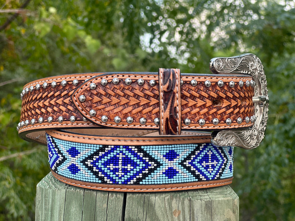 Tan Artesanal Tabs With Silver Studs. Multi Color Beaded Leather