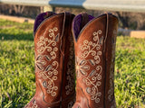 Women’s Brown Leather Boots With Gold Floral Inlay