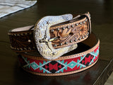Honey Hand-Tooled Artesanal Tabs With Silver Studs Red & Light Blue Beaded Leather Belt