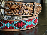 Honey Hand-Tooled Artesanal Tabs With Silver Studs Red & Light Blue Beaded Leather Belt