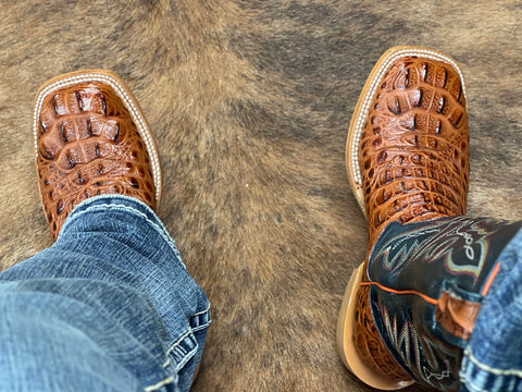 Men’s Cognac Crocodile Leather Boots With Blue Shaft